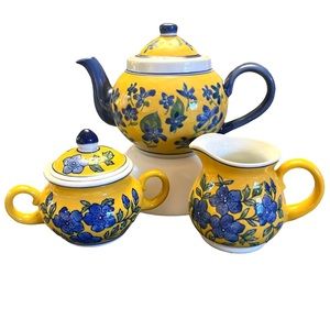 Vintage April Cornell tea set with teapot, creamer pitcher and sugar bowl.